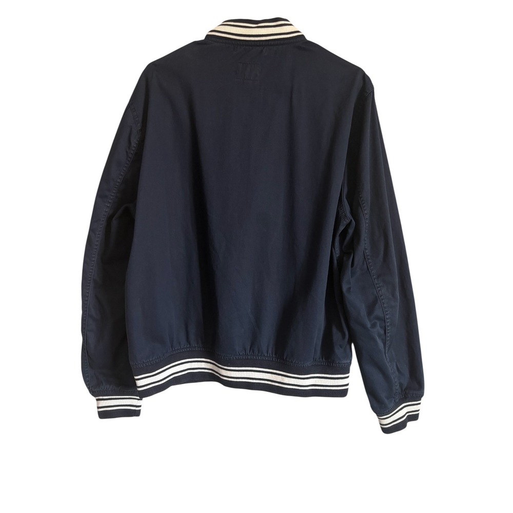 J.Crew Mens Navy Blue Cotton Varsity Bomber Jacket Striped Trim Size L Full Zip - Picture 6 of 7